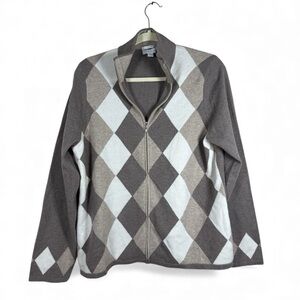 Charter Club Tan and Gray Argyle Cashmere Cardigan sz M Academia Preppy Light